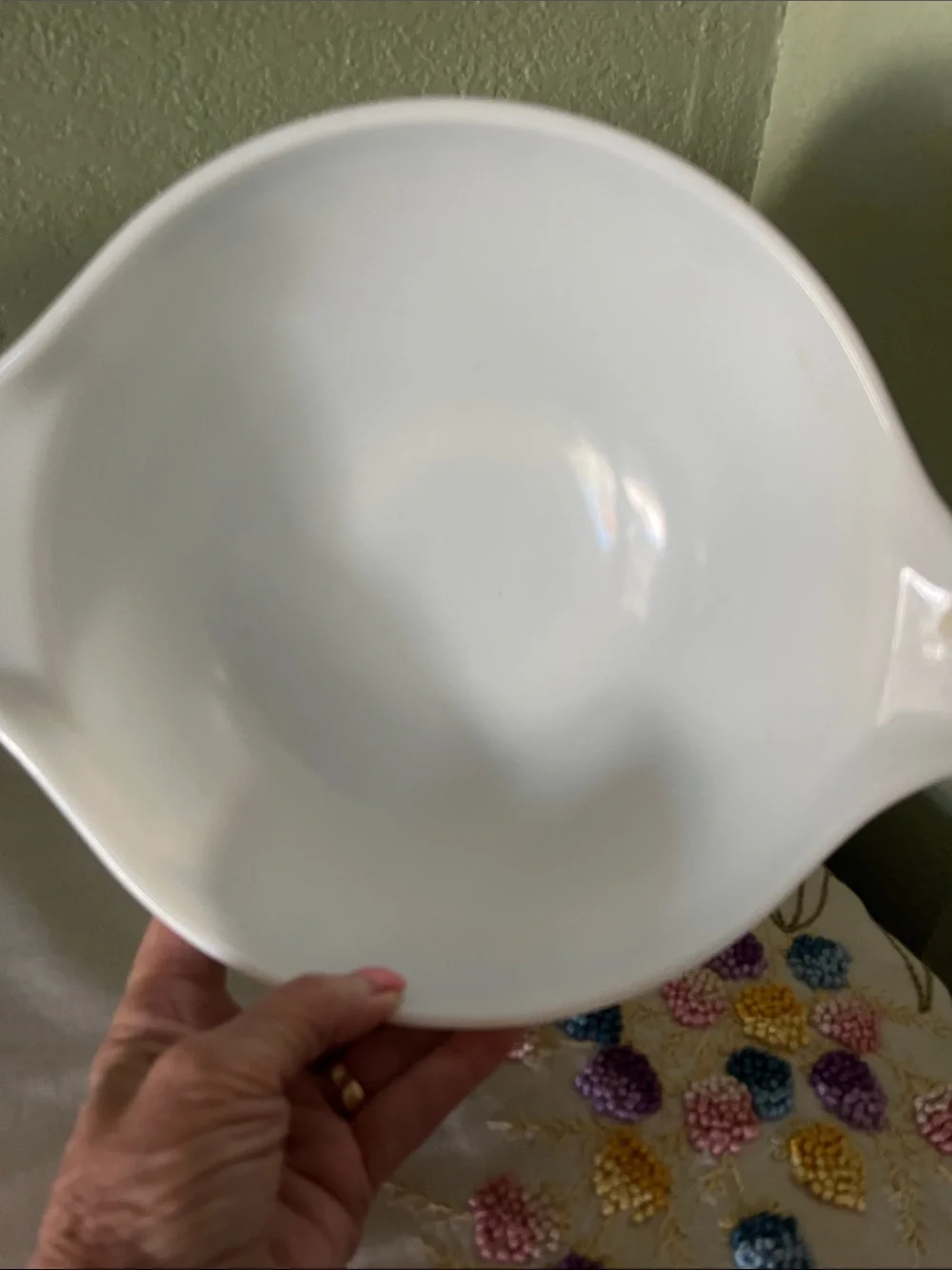 Vintage Pyrex #443 White Mixing Bowl with Blue Snowflake Border
